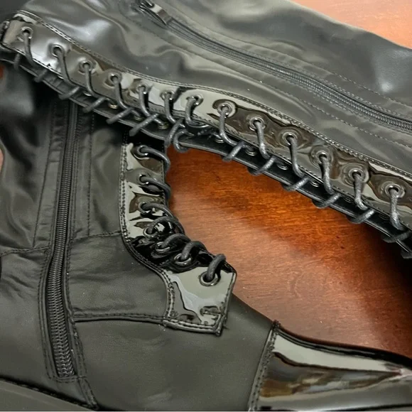 Azalea Wang thigh high Black stretch Faux Patent Lace Up Over Knee combat Boots - Picture 11 of 14